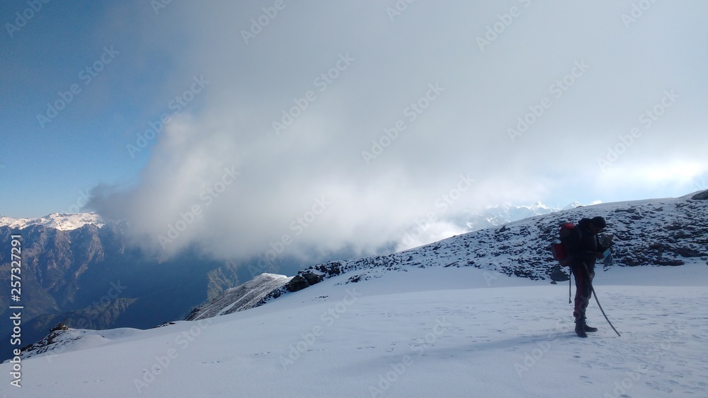 snow mountain top and clouds