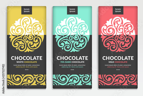 Abstract packaging design of chocolate bars. Vintage vector ornament template. Elegant, classic elements. Great for food, drink and other package types. Can be used for background and wallpaper.