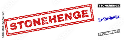 Grunge STONEHENGE rectangle stamp seals isolated on a white background. Rectangular seals with grunge texture in red, blue, black and grey colors.