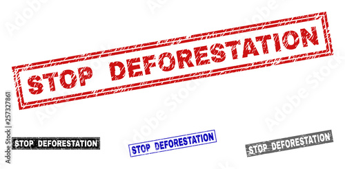 Grunge STOP DEFORESTATION rectangle stamp seals isolated on a white background. Rectangular seals with distress texture in red, blue, black and grey colors.