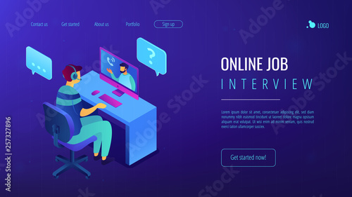 Online job interview isometric 3D landing page.