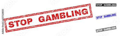 Grunge STOP GAMBLING rectangle stamp seals isolated on a white background. Rectangular seals with grunge texture in red, blue, black and grey colors.