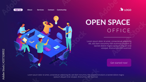 Productive team communication isometric 3D landing page.