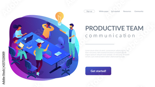 Productive team communication isometric 3D landing page.