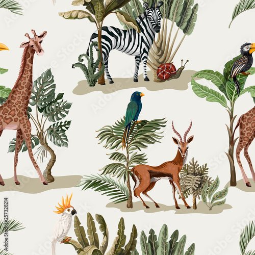 Seamless pattern with exotic trees and animals. Interior vintage wallpaper.