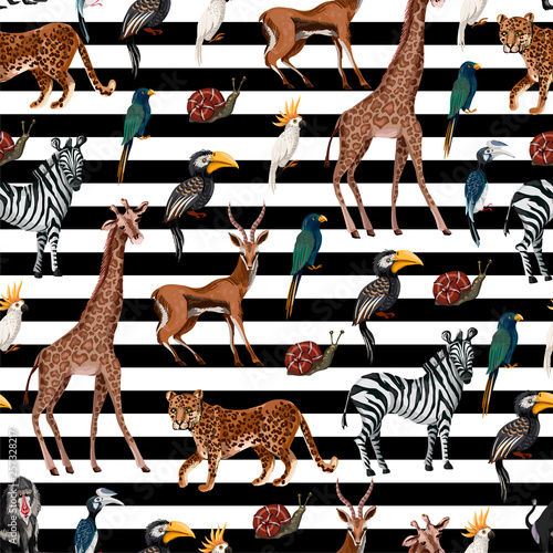 Seamless pattern with wild animals such as zebra, parrot, toucan, monkey, giraffe and antilope on striped background