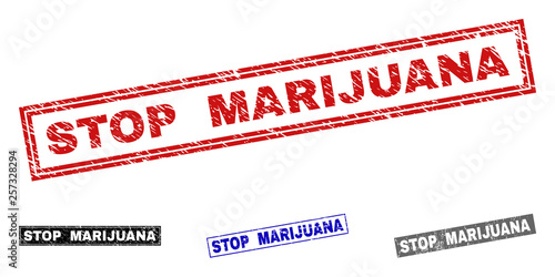 Grunge STOP MARIJUANA rectangle stamp seals isolated on a white background. Rectangular seals with grunge texture in red, blue, black and grey colors.