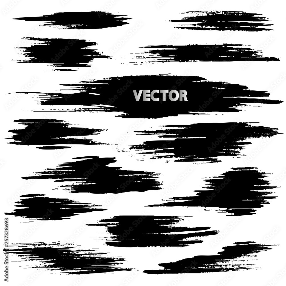 Set of brush and ink strokes. Black texture spots Set of brush and ink strokes. Black texture spots