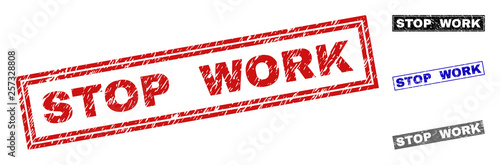 Grunge STOP WORK rectangle stamp seals isolated on a white background. Rectangular seals with distress texture in red, blue, black and grey colors.