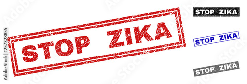 Grunge STOP ZIKA rectangle stamp seals isolated on a white background. Rectangular seals with distress texture in red, blue, black and grey colors.
