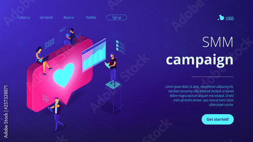 Social media engagement isometric 3D landing page.