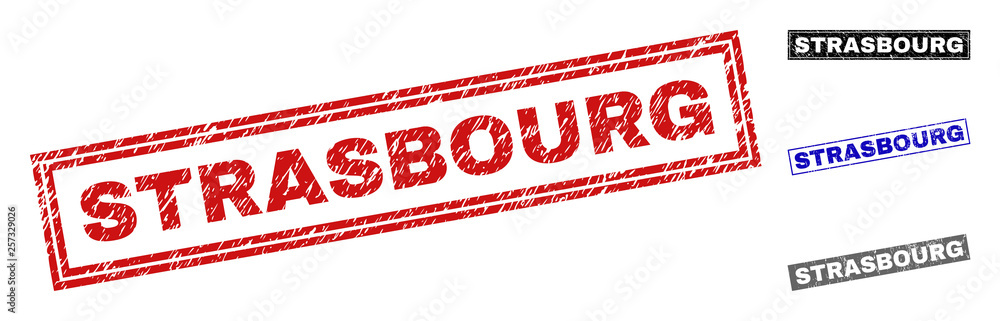 Grunge STRASBOURG rectangle stamp seals isolated on a white background. Rectangular seals with grunge texture in red, blue, black and grey colors. Grunge STRASBOURG rectangle stamp seals isolated on a white background. Rectangular seals with grunge texture in red, blue, black and grey colors.
