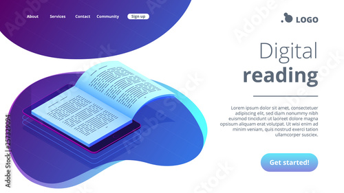 Digital reading isometric 3D landing page.