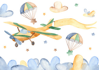 Rollo Babyzimmer Süßes Flugzeug zwischen Aquarell Wolken  © MarinaErmakova