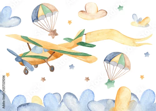 Obraz Akwarele karta z ładny samolot i chmury. Ilustracja dziecka na chrzciny, przedszkole, karty, zaproszenia.