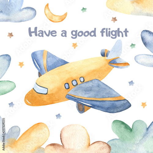 Obraz Akwarele karta z ładny samolot i chmury. Ilustracja dziecka na chrzciny, przedszkole, karty, zaproszenia.