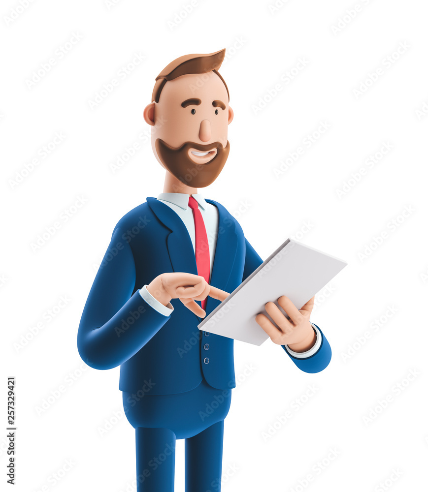 3d illustration. Businessman is holding a notebook and smiling 3d illustration. Businessman is holding a notebook and smiling