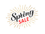 Spring sale hand written lettering with retro styled golden sun rays. Discount banner, vector illustration.