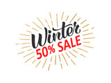 Winter sale hand written lettering with golden retro styled sun rays. Discount banner, vector illustration.