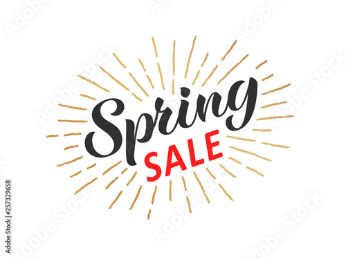 Spring sale hand written lettering with retro styled golden sun rays. Discount banner, vector illustration.