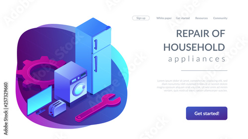 Repair of household appliances concept isometric 3D landing page.
