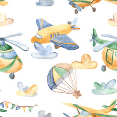 Fototapete Tiermuster mit Fahrzeugen Aquarell Flugzeuge und Ballons Babymuster  © MarinaErmakova