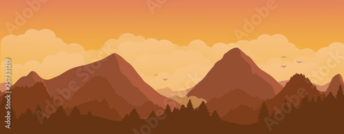 Mountains and forest landscape on sunset