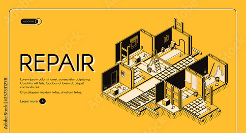 House repair service isometric vector web banner. Home building, apartment rooms cross section interior with walls and floor reconstruction illustration. Construction company landing page template