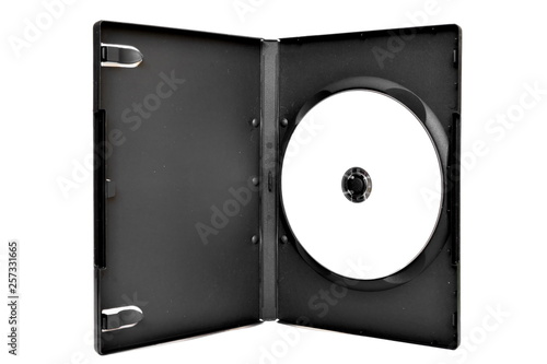Photography Half open box with white CD DVD drive for storing audio, video information and data backup with free space for design on white background