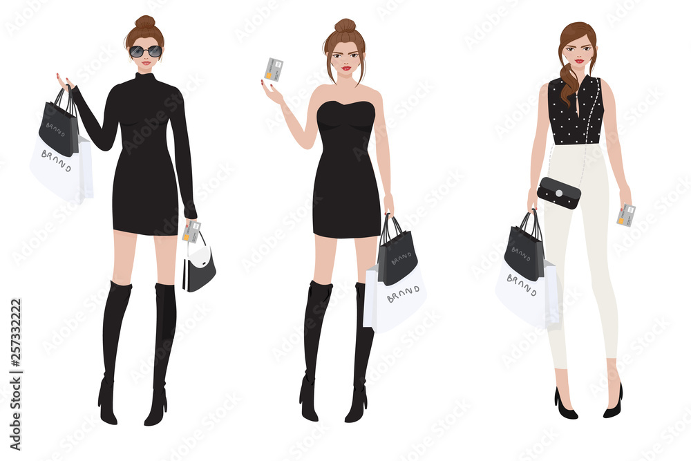 beautiful wealthy girl shopping brand name using credit card eps10 vector illustration beautiful wealthy girl shopping brand name using credit card eps10 vector illustration