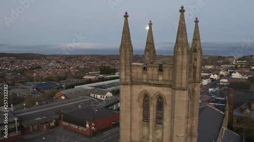 Aerial view of St Jame's church in the midlands, Christian, Roman catholic religious orthodox building in a mainly muslim area of Stoke on Trent in Staffordshire, City of Culture photo