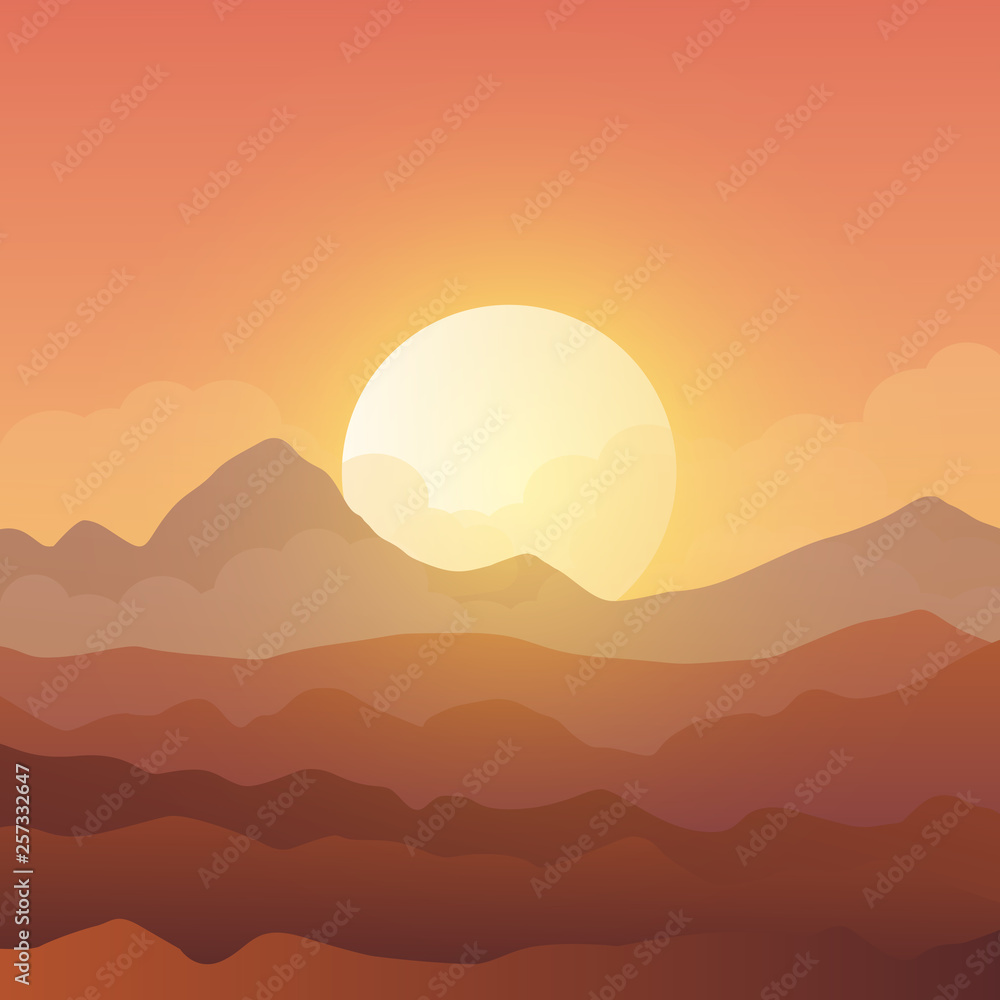 Beautiful Mountainous Landscape Background at Sunset. Vector Illustration