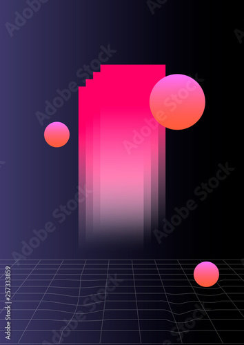 Abstract shapes composition on the dark background. Vaporwave style illustration, aesthetic.