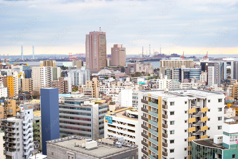 Fototapeta premium Chiba, Japan, 03/22/2019 , View of Chiba city from top of Sogo department store car parking building.