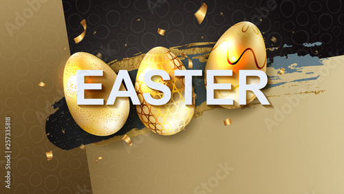 Easter composition with the silhouette of three eggs of golden brilliant shade and ribbon scraps,