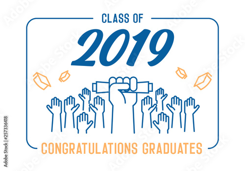 Graduation Day. Class of 2019 celebration. Graduates celebrating and throwing their academic hats into the air. End of academic year. Hand grabbing diploma certificate as a sign of success.  Vector
