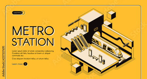 City transport system infrastructure isometric vector web banner, landing page template. Modern subway train in tunnel of underground metro station with escalators cross section, line art illustration