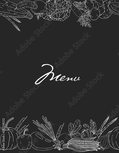 Menu with hand drawn vegetables on a chalkboard background.