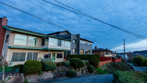 Row of Houses in Sunset Hill in Seattle at Sunset in Spring
