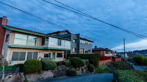 Row of Houses in Sunset Hill in Seattle at Sunset in Spring photo