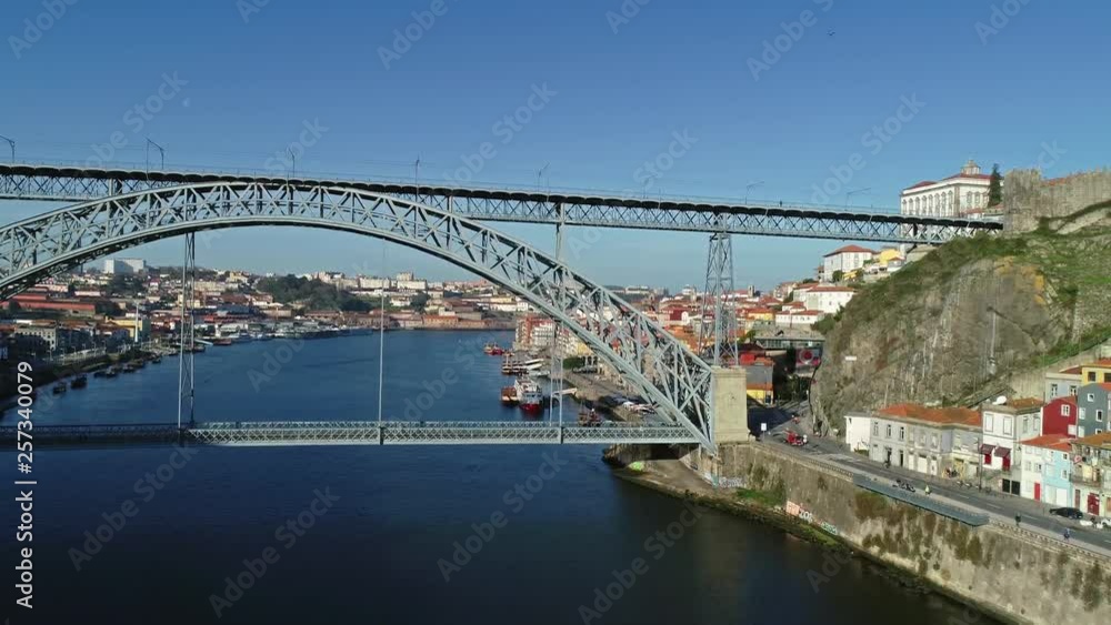 Aerial panorama view of Dom Luis Bridge and historic district of Porto at morning, Portugal, 4k Aerial panorama view of Dom Luis Bridge and historic district of Porto at morning, Portugal, 4k