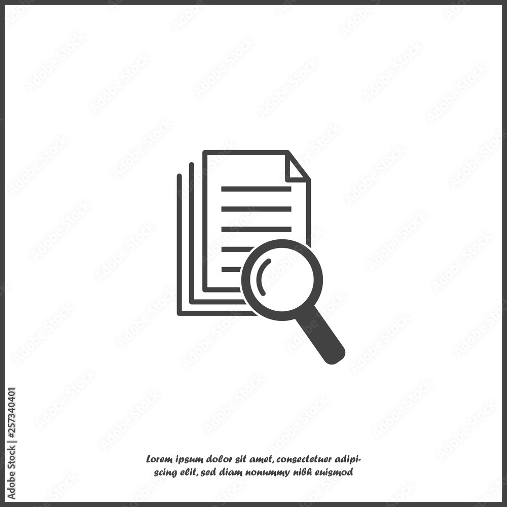 Vector document icon and magnifier. Document verification symbol on white isolated background. Vector document icon and magnifier. Document verification symbol on white isolated background.
