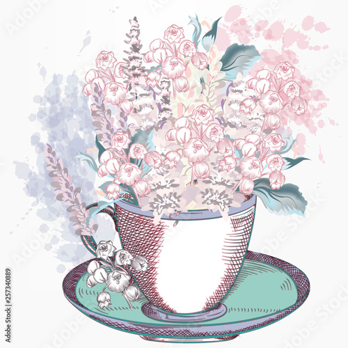 Fashion vector illustration with vintage cup and spring flowers