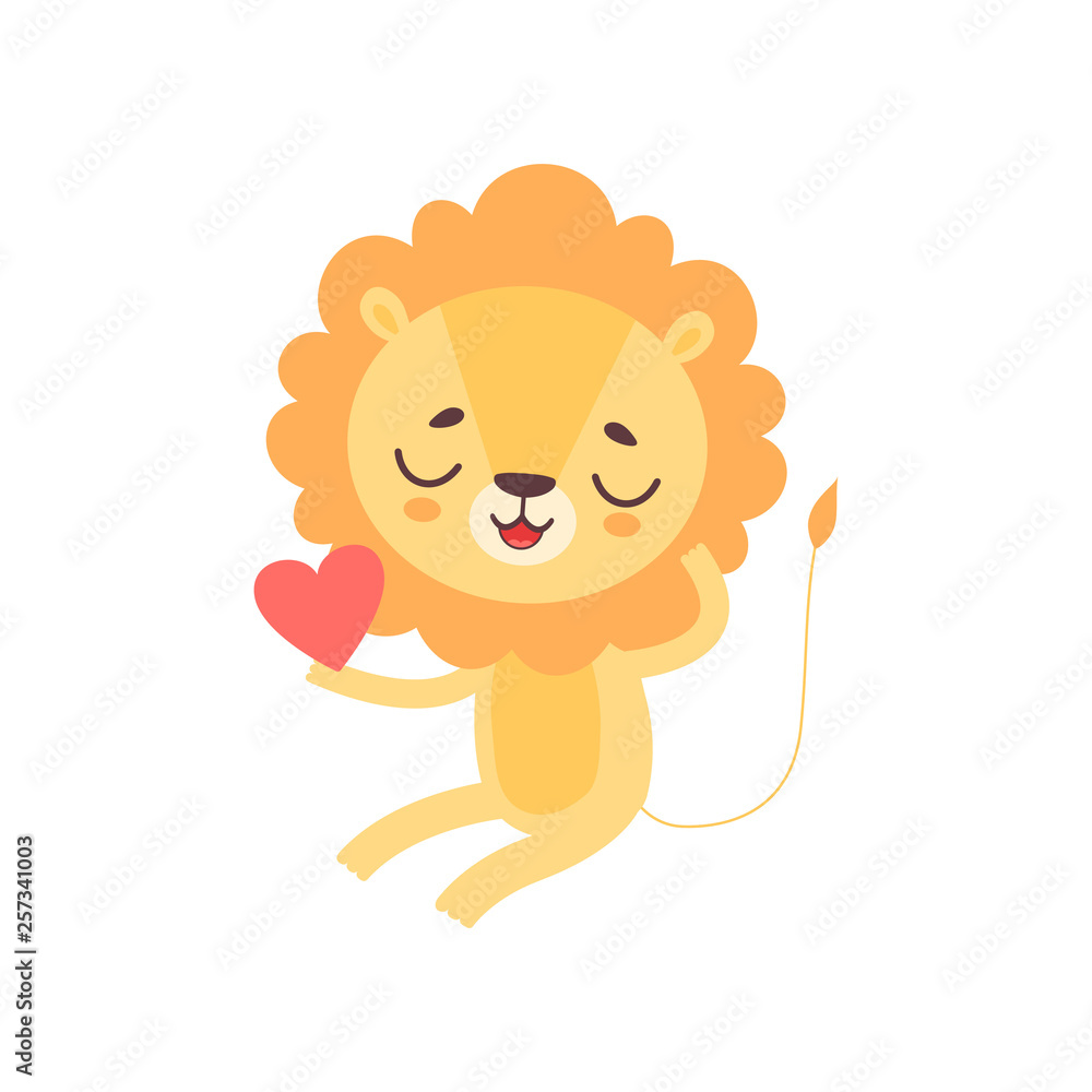 Fototapeta premium Cute Lion Holding Red Heart, Funny African Animal Cartoon Character Vector Illustration