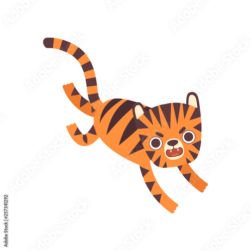 Cute Little Angry Tiger Roaring, Adorable Wild Animal Cartoon Character Vector Illustration