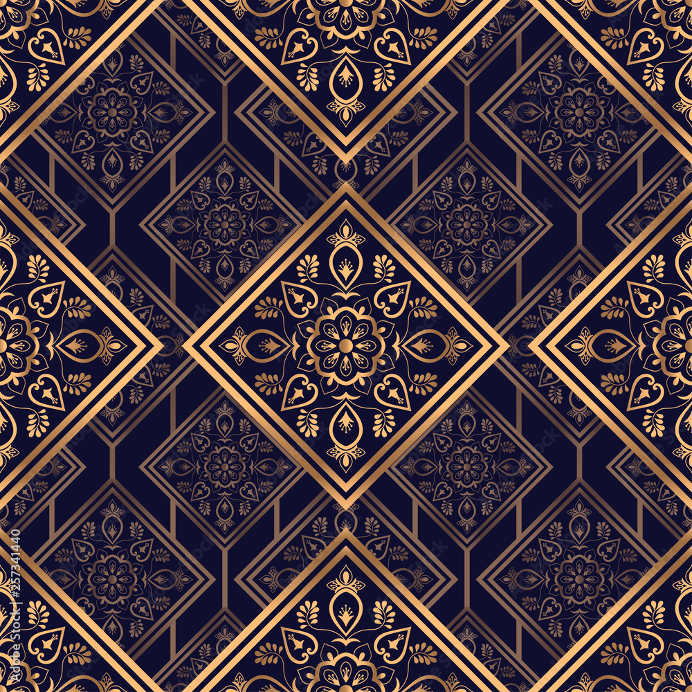 Luxury royal pattern seamless vector. Golden arabesque tile background. Christmas design for beauty spa, wedding party, yoga wallpaper, gift packaging, wrapping paper, backdrop.