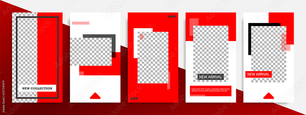 Modern minimal square stripe line shape template in red, black and white color with frame. Corporate advertising template for social media stories, story, business banner, flyer, and brochure.