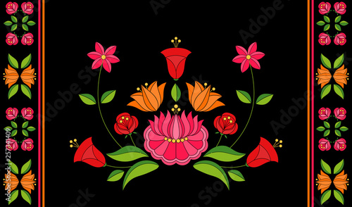 Hungarian folk pattern vector. Kalocsa floral ethnic ornament. Vintage slavic eastern european print on black background. Traditional flowers embroidery design for bolster pillow case.