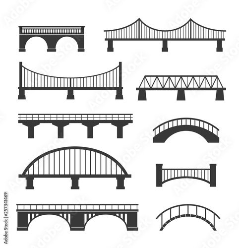 Fototapeta Naklejka Na Ścianę i Meble -  Set of different bridges. Isolated on white background. Black and white. Vector illustration.