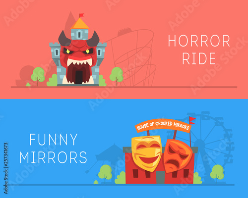 Horror Ride and House of Crooked Mirrors Banners Set Vector Illustration